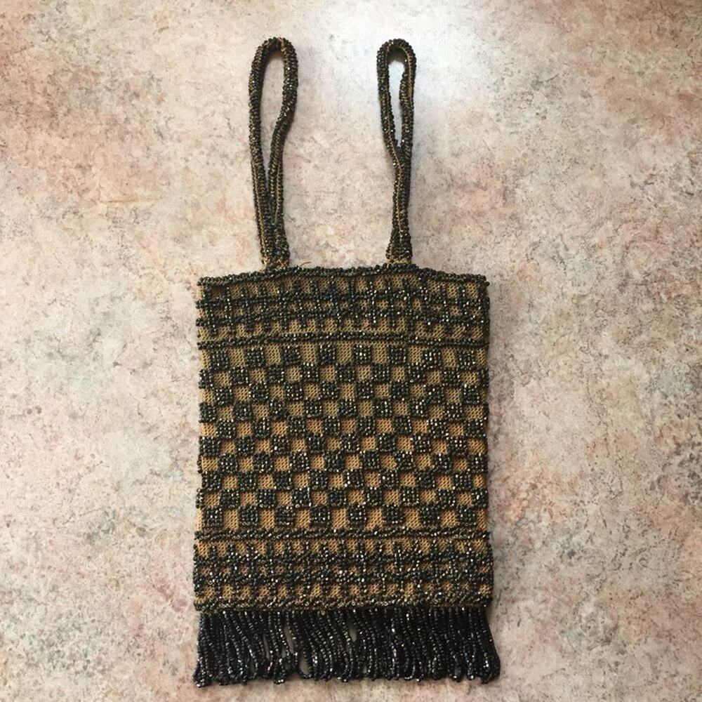 Vintage beaded fringe checkerboard mini purse bag - Picture 2 of 6